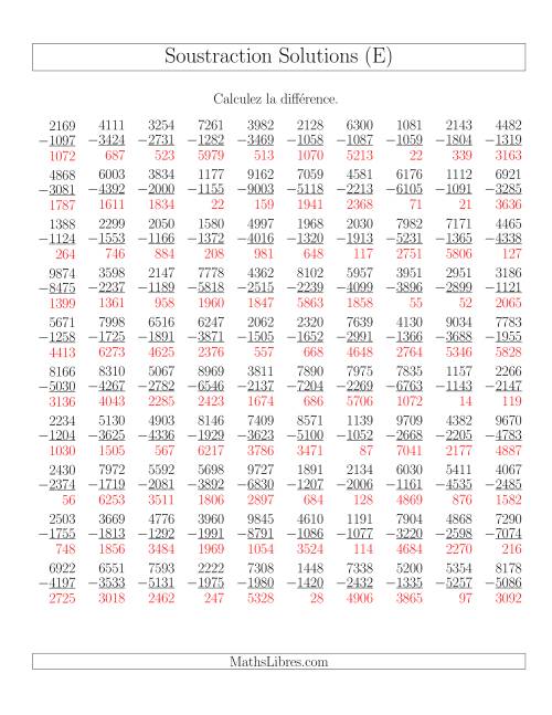 Soustraction Multi-Chiffres -- 4-chiffres moins 4-chiffres (100 par page) (E) page 2