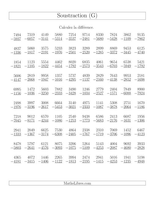 Soustraction Multi-Chiffres -- 4-chiffres moins 4-chiffres (100 par page) (G)