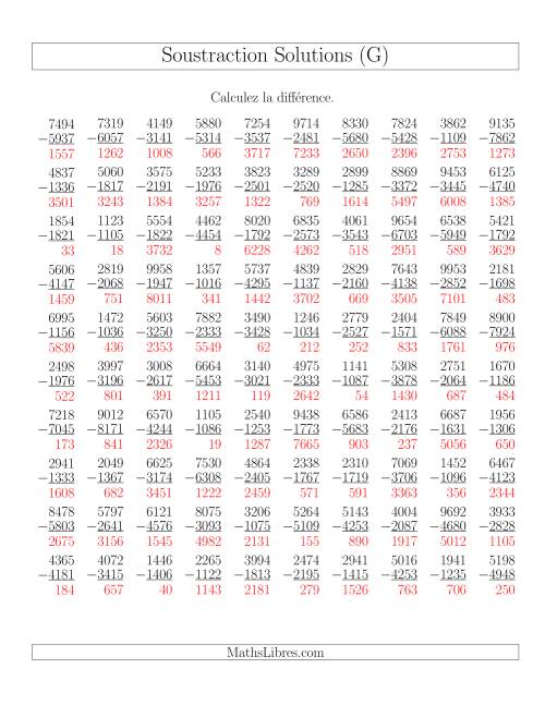 Soustraction Multi-Chiffres -- 4-chiffres moins 4-chiffres (100 par page) (G) page 2