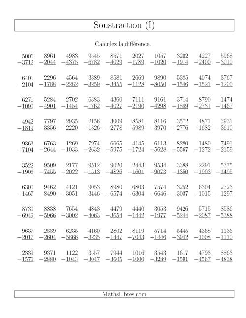 Soustraction Multi-Chiffres -- 4-chiffres moins 4-chiffres (100 par page) (I)