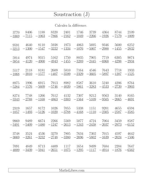 Soustraction Multi-Chiffres -- 4-chiffres moins 4-chiffres (100 par page) (J)