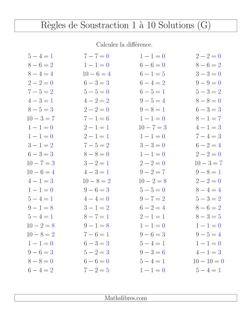 Soustraction 1 à 10 -- Horizontale (G) page 2
