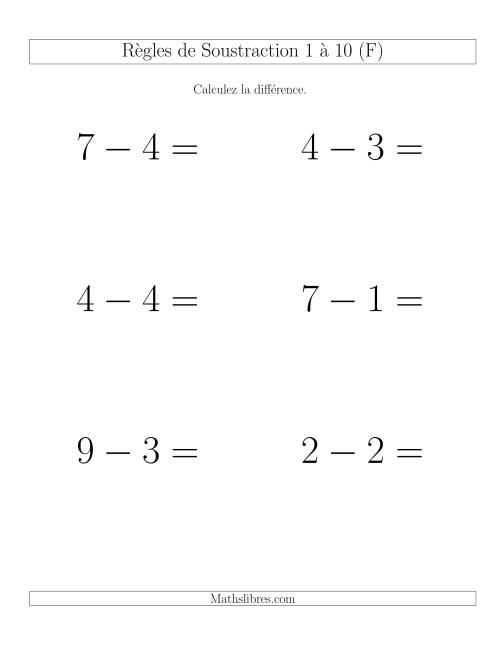 Soustraction 1 à 10 -- Horizontale (F)