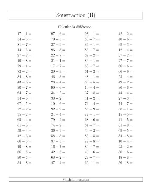 Soustraction Multi-Chiffres -- 2-chiffres moins 1-chiffre -- Hotizontale (B)