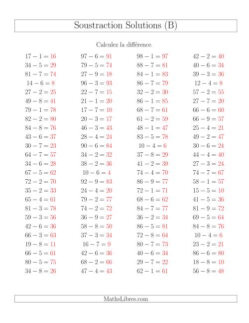 Soustraction Multi-Chiffres -- 2-chiffres moins 1-chiffre -- Hotizontale (B) page 2
