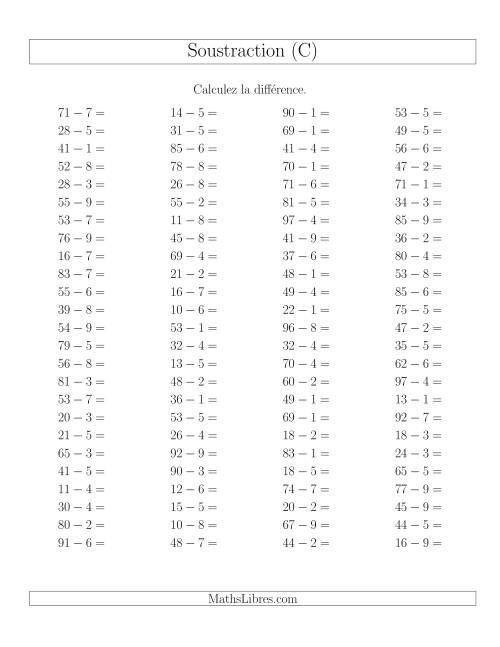 Soustraction Multi-Chiffres -- 2-chiffres moins 1-chiffre -- Hotizontale (C)