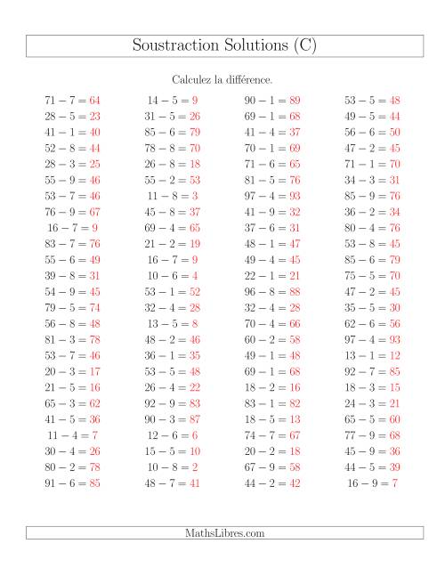 Soustraction Multi-Chiffres -- 2-chiffres moins 1-chiffre -- Hotizontale (C) page 2