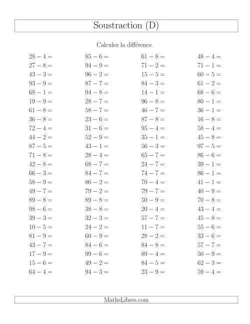 Soustraction Multi-Chiffres -- 2-chiffres moins 1-chiffre -- Hotizontale (D)