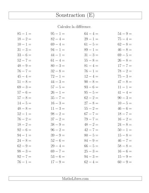 Soustraction Multi-Chiffres -- 2-chiffres moins 1-chiffre -- Hotizontale (E)
