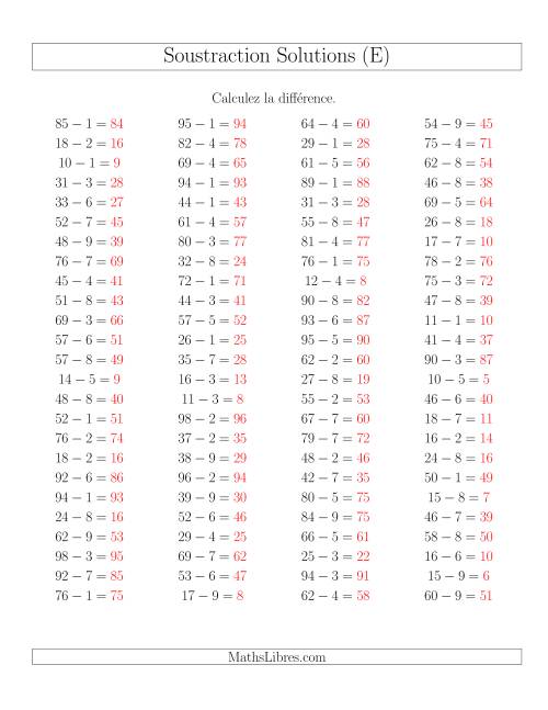 Soustraction Multi-Chiffres -- 2-chiffres moins 1-chiffre -- Hotizontale (E) page 2
