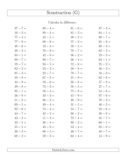 Soustraction Multi-Chiffres -- 2-chiffres moins 1-chiffre -- Hotizontale (G)