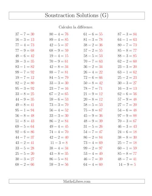 Soustraction Multi-Chiffres -- 2-chiffres moins 1-chiffre -- Hotizontale (G) page 2