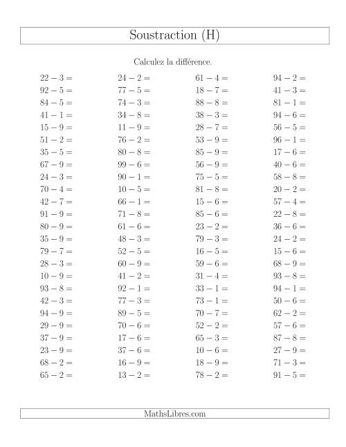 Soustraction Multi-Chiffres -- 2-chiffres moins 1-chiffre -- Hotizontale (H)