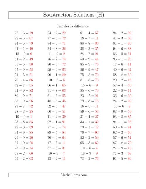 Soustraction Multi-Chiffres -- 2-chiffres moins 1-chiffre -- Hotizontale (H) page 2