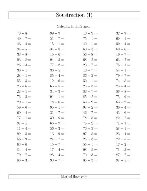 Soustraction Multi-Chiffres -- 2-chiffres moins 1-chiffre -- Hotizontale (I)