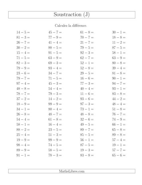 Soustraction Multi-Chiffres -- 2-chiffres moins 1-chiffre -- Hotizontale (J)