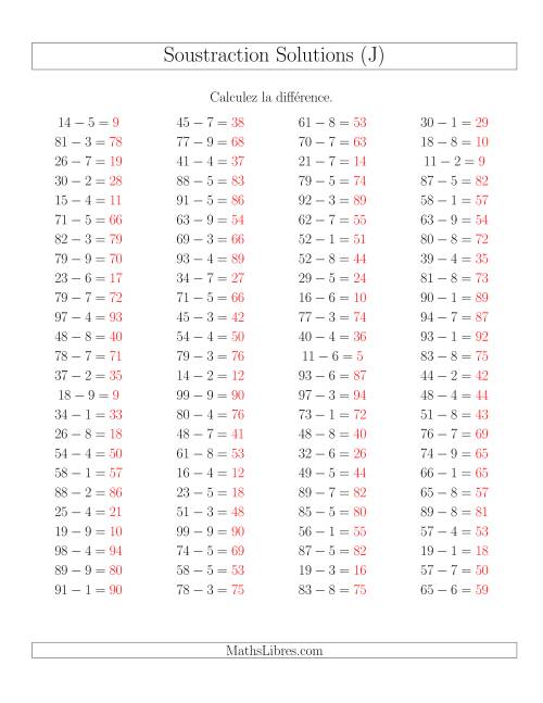 Soustraction Multi-Chiffres -- 2-chiffres moins 1-chiffre -- Hotizontale (J) page 2
