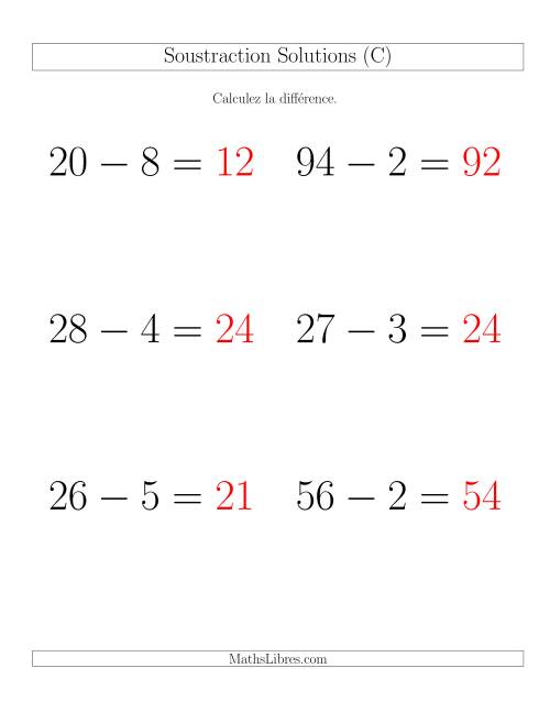 Soustraction Multi-Chiffres -- 2-chiffres moins 1-chiffre -- Hotizontale (C) page 2