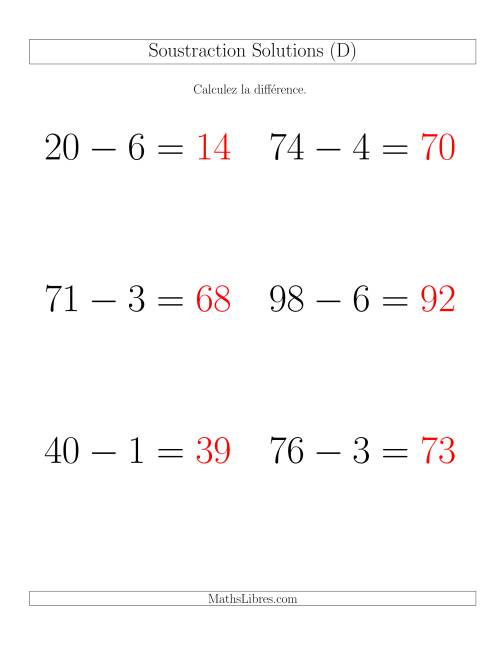 Soustraction Multi-Chiffres -- 2-chiffres moins 1-chiffre -- Hotizontale (D) page 2