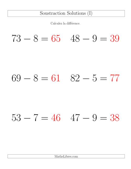 Soustraction Multi-Chiffres -- 2-chiffres moins 1-chiffre -- Hotizontale (I) page 2