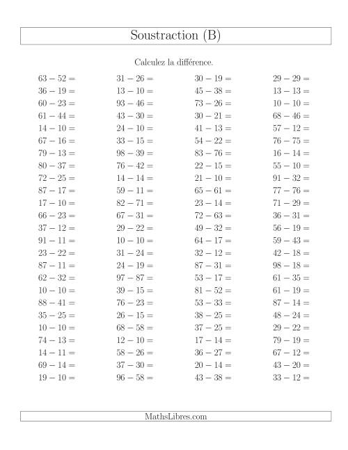 Soustraction Multi-Chiffres -- 2-chiffres moins 2-chiffres -- Hotizontale (B)