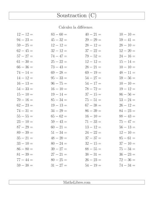 Soustraction Multi-Chiffres -- 2-chiffres moins 2-chiffres -- Hotizontale (C)