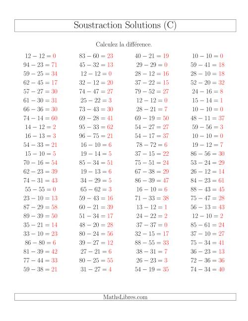 Soustraction Multi-Chiffres -- 2-chiffres moins 2-chiffres -- Hotizontale (C) page 2