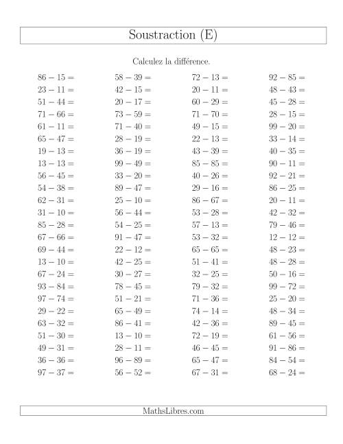 Soustraction Multi-Chiffres -- 2-chiffres moins 2-chiffres -- Hotizontale (E)