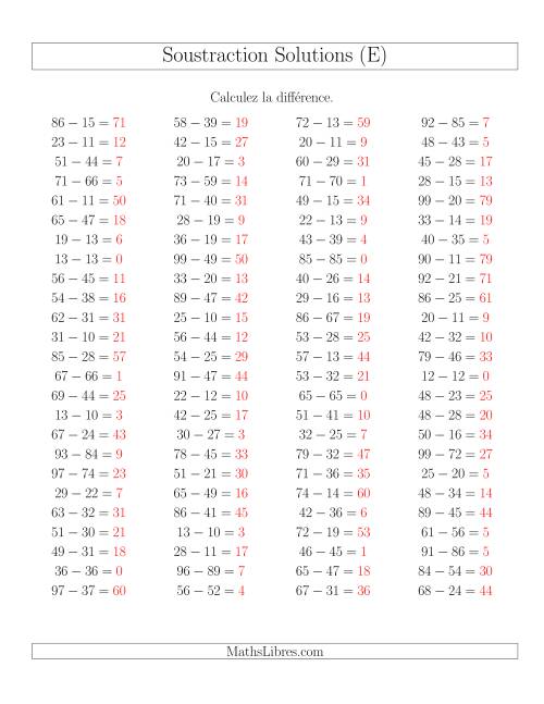 Soustraction Multi-Chiffres -- 2-chiffres moins 2-chiffres -- Hotizontale (E) page 2