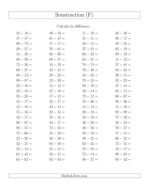 Soustraction Multi-Chiffres -- 2-chiffres moins 2-chiffres -- Hotizontale (F)