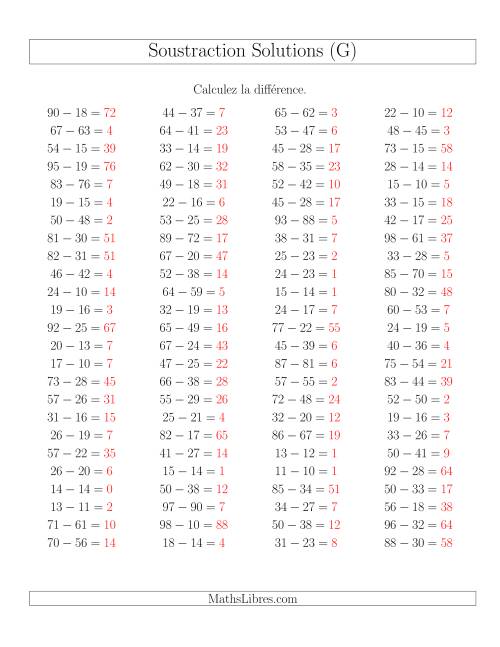 Soustraction Multi-Chiffres -- 2-chiffres moins 2-chiffres -- Hotizontale (G) page 2