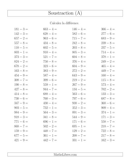 Soustraction Multi-Chiffres -- 3-chiffres moins 1-chiffre -- Hotizontale (A)