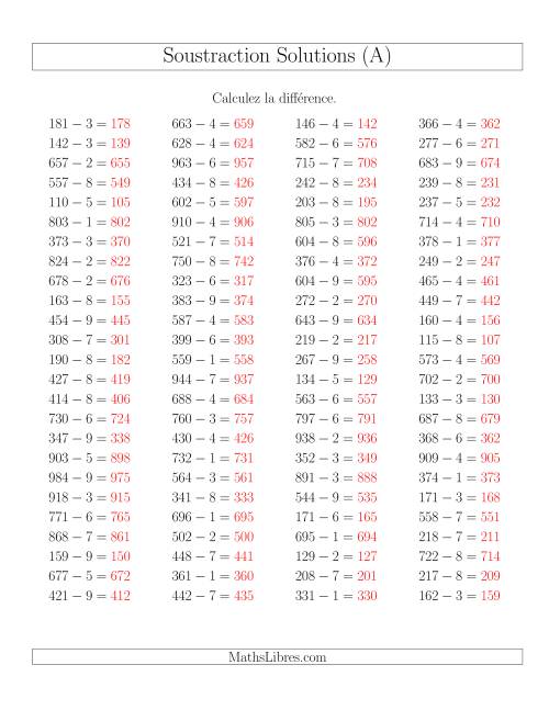 Soustraction Multi-Chiffres -- 3-chiffres moins 1-chiffre -- Hotizontale (A) page 2