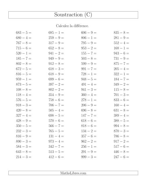 Soustraction Multi-Chiffres -- 3-chiffres moins 1-chiffre -- Hotizontale (C)