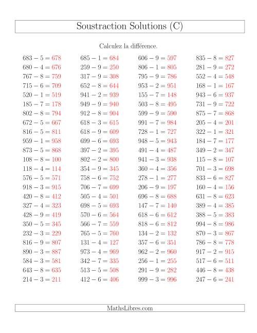 Soustraction Multi-Chiffres -- 3-chiffres moins 1-chiffre -- Hotizontale (C) page 2