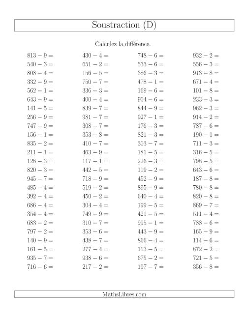 Soustraction Multi-Chiffres -- 3-chiffres moins 1-chiffre -- Hotizontale (D)