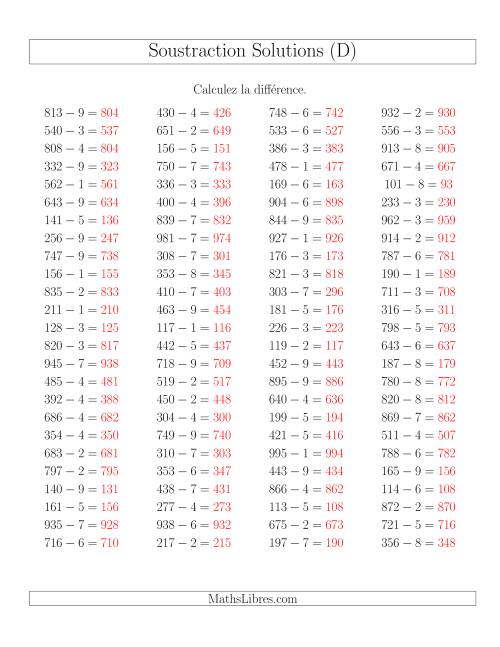 Soustraction Multi-Chiffres -- 3-chiffres moins 1-chiffre -- Hotizontale (D) page 2
