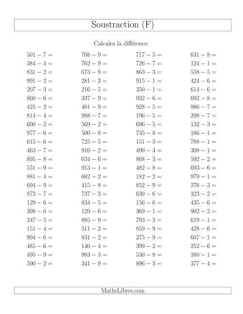 Soustraction Multi-Chiffres -- 3-chiffres moins 1-chiffre -- Hotizontale (F)
