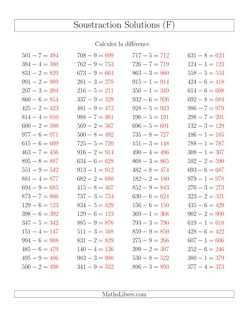 Soustraction Multi-Chiffres -- 3-chiffres moins 1-chiffre -- Hotizontale (F) page 2