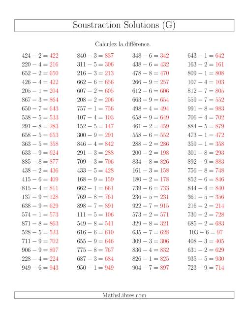 Soustraction Multi-Chiffres -- 3-chiffres moins 1-chiffre -- Hotizontale (G) page 2