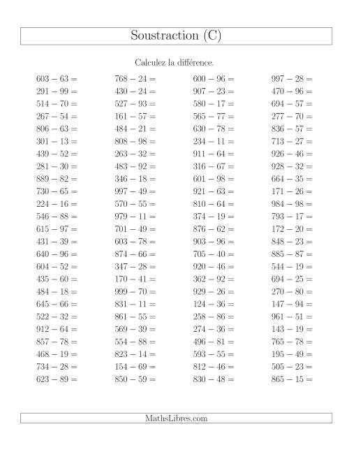 Soustraction Multi-Chiffres -- 3-chiffres moins 2-chiffres -- Hotizontale (C)