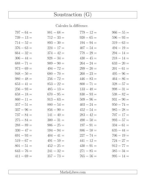 Soustraction Multi-Chiffres -- 3-chiffres moins 2-chiffres -- Hotizontale (G)
