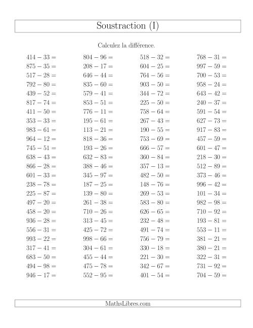 Soustraction Multi-Chiffres -- 3-chiffres moins 2-chiffres -- Hotizontale (I)