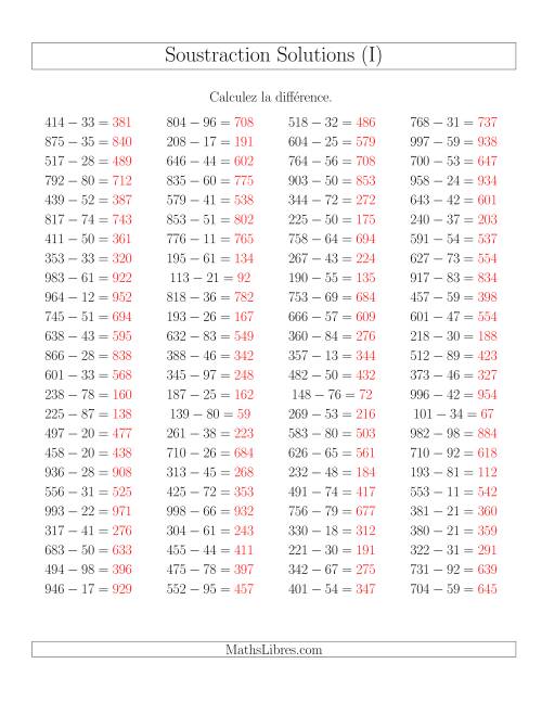Soustraction Multi-Chiffres -- 3-chiffres moins 2-chiffres -- Hotizontale (I) page 2