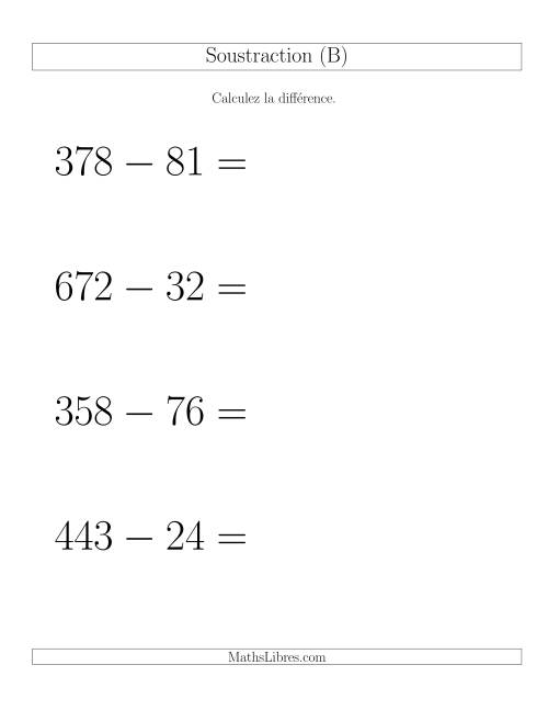 Soustraction Multi-Chiffres -- 3-chiffres moins 2-chiffres -- Hotizontale (B)