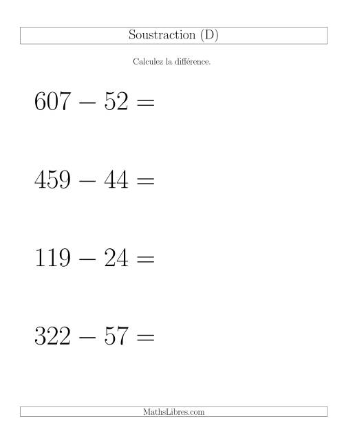 Soustraction Multi-Chiffres -- 3-chiffres moins 2-chiffres -- Hotizontale (D)