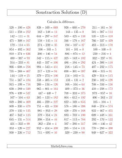 Soustraction Multi-Chiffres -- 3-chiffres moins 3-chiffres -- Hotizontale (D) page 2