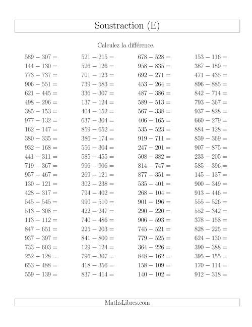 Soustraction Multi-Chiffres -- 3-chiffres moins 3-chiffres -- Hotizontale (E)