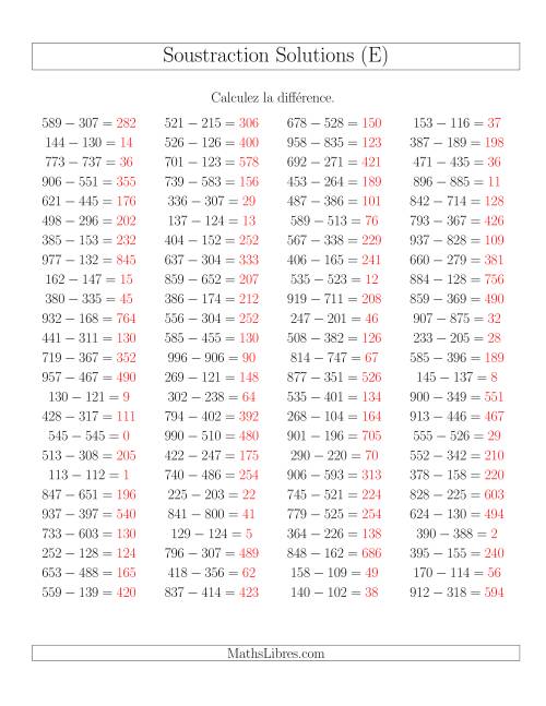 Soustraction Multi-Chiffres -- 3-chiffres moins 3-chiffres -- Hotizontale (E) page 2