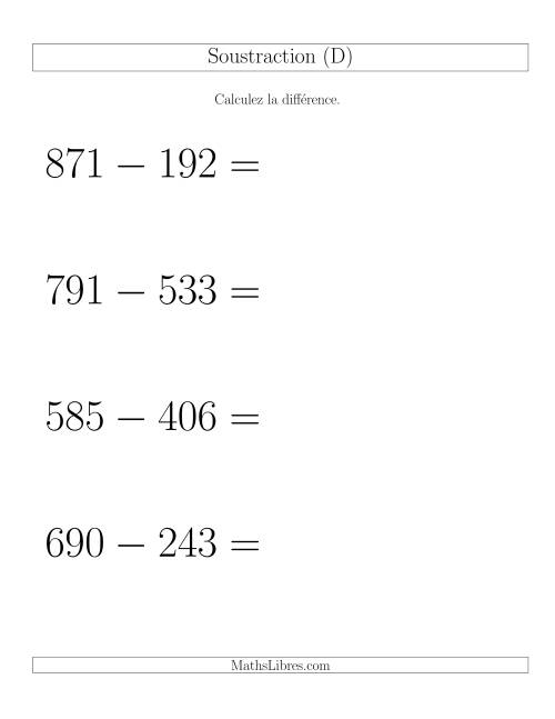 Soustraction Multi-Chiffres -- 3-chiffres moins 3-chiffres -- Hotizontale (D)